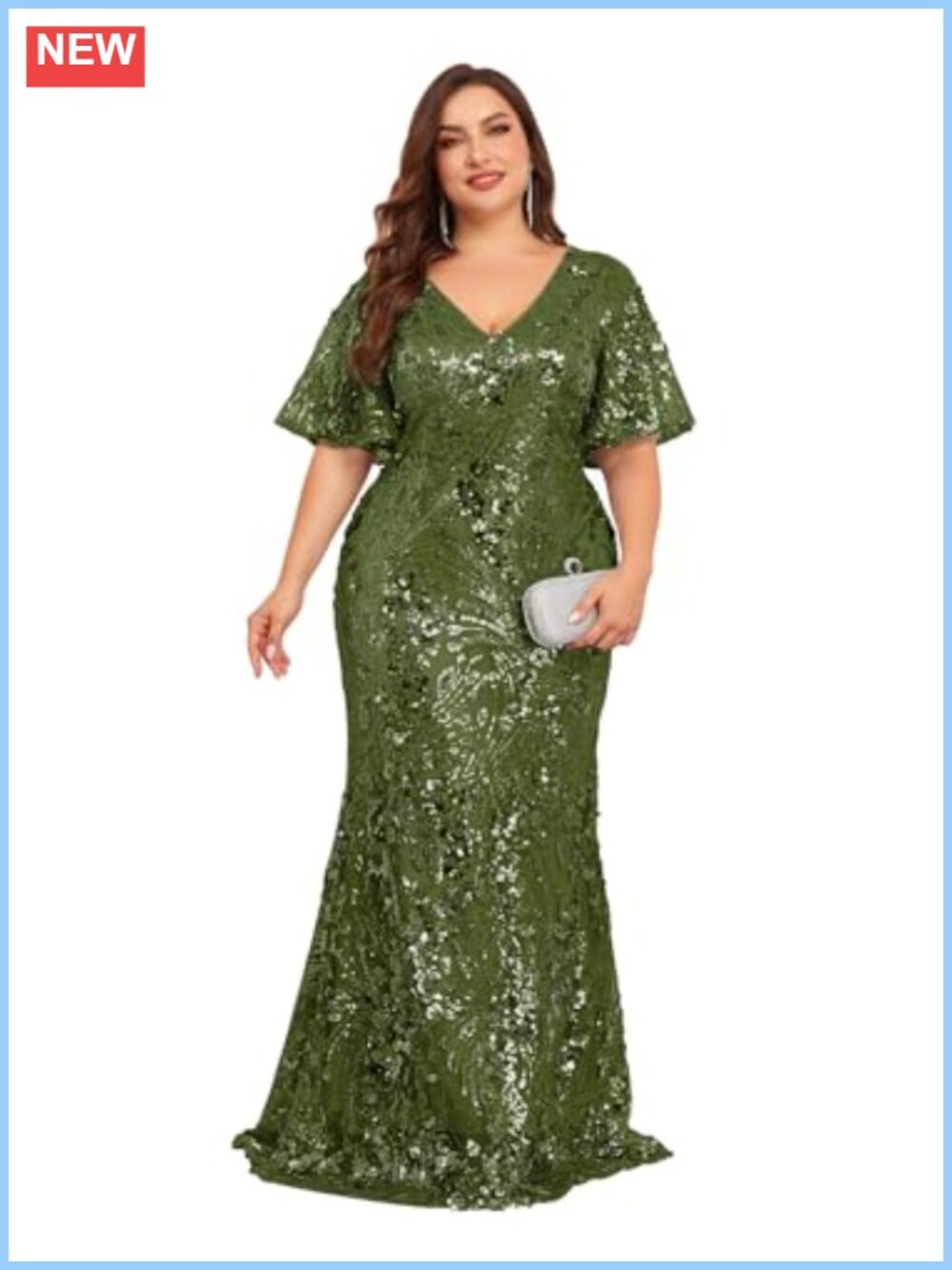 Plus Size Sequin Formal Evening Gown Mermaid Prom Dress Short Sleeve